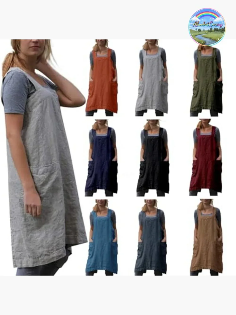 Pinafore Apron Smock Cotton Linen Apron with Pockets Plus Size